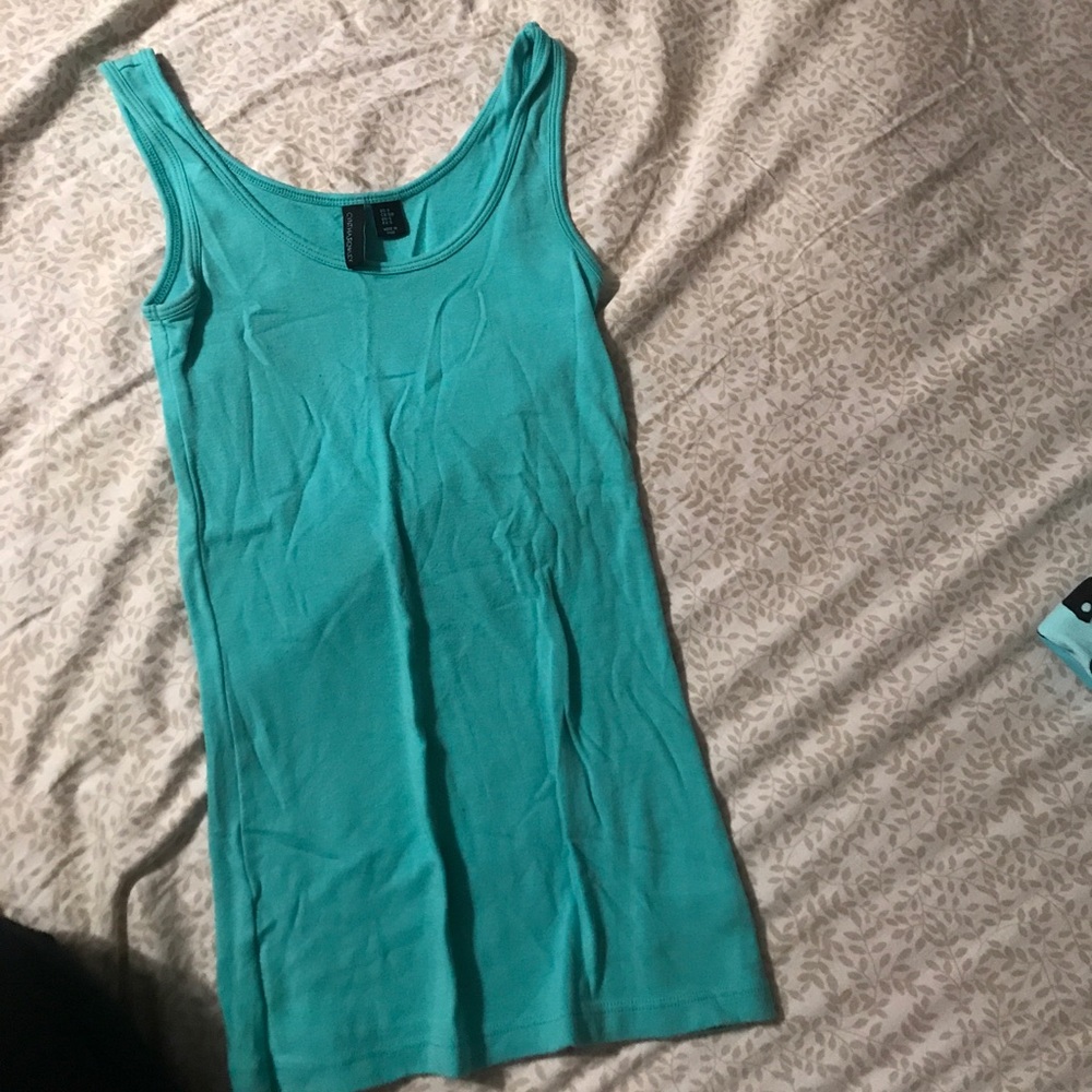 Blue tank top.